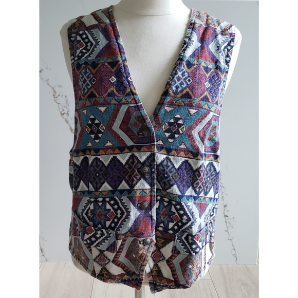 VTG Circle T Western Vest Womens L Brown Denim Snap Front Boho Rodeo Cowboy USA - Picture 2 of 5